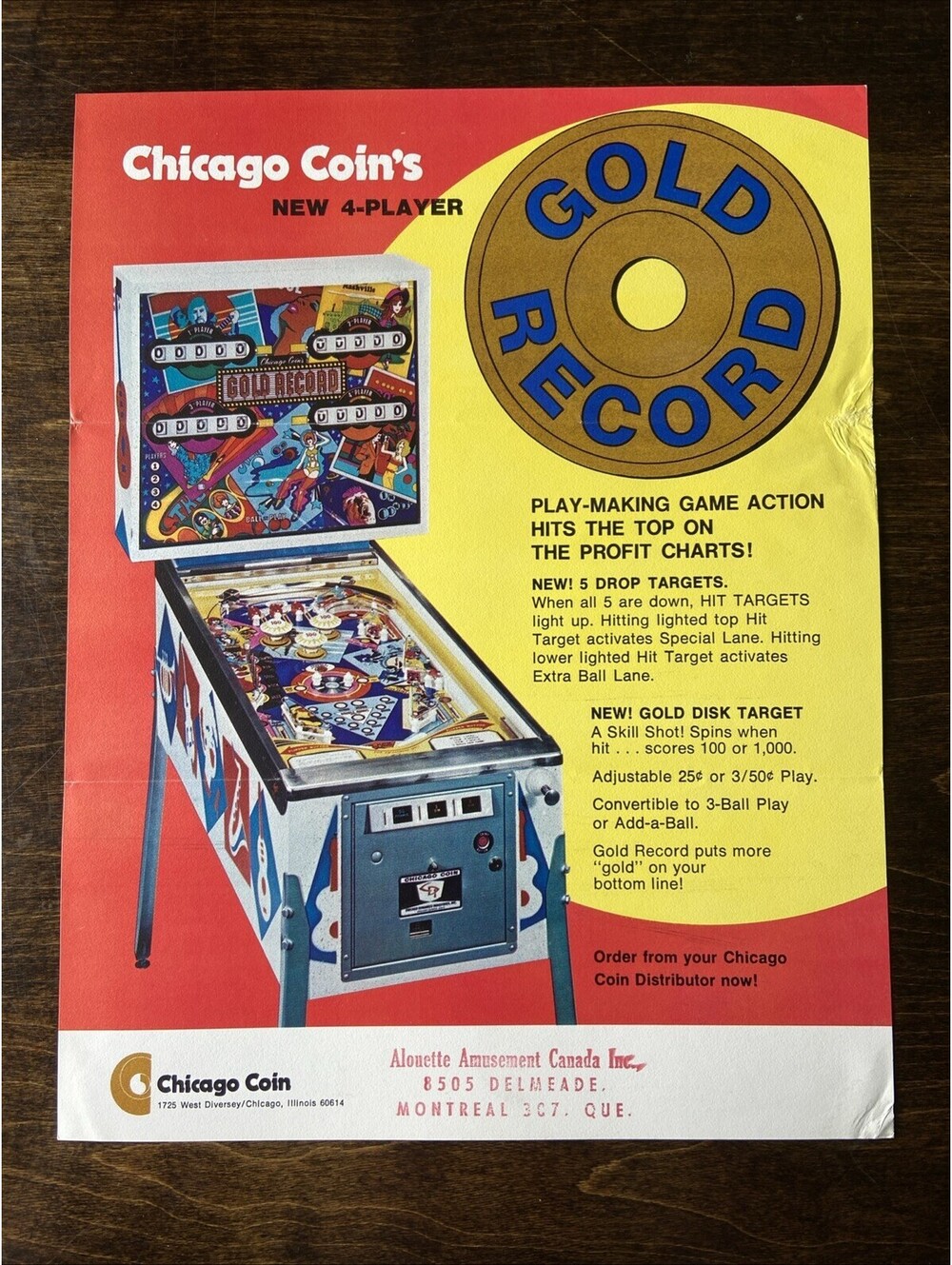 Chicago Coin Gold Record Arcade Pinball FLYER Original Ad Promo Poster Not PCB